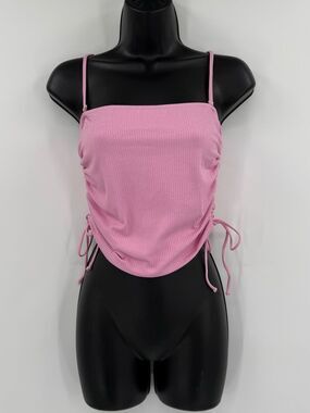 JMP The Label Ribbed Ruched Side-Tie Tankini Top | Sparkly Pink | Small
